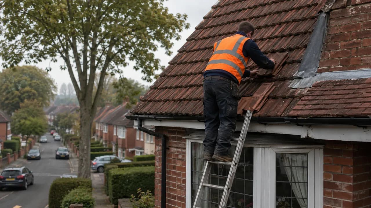 Roof repair in progress on a 1930s red-brick semi-detached house with a bay window on a tree-lined Wirral suburban street