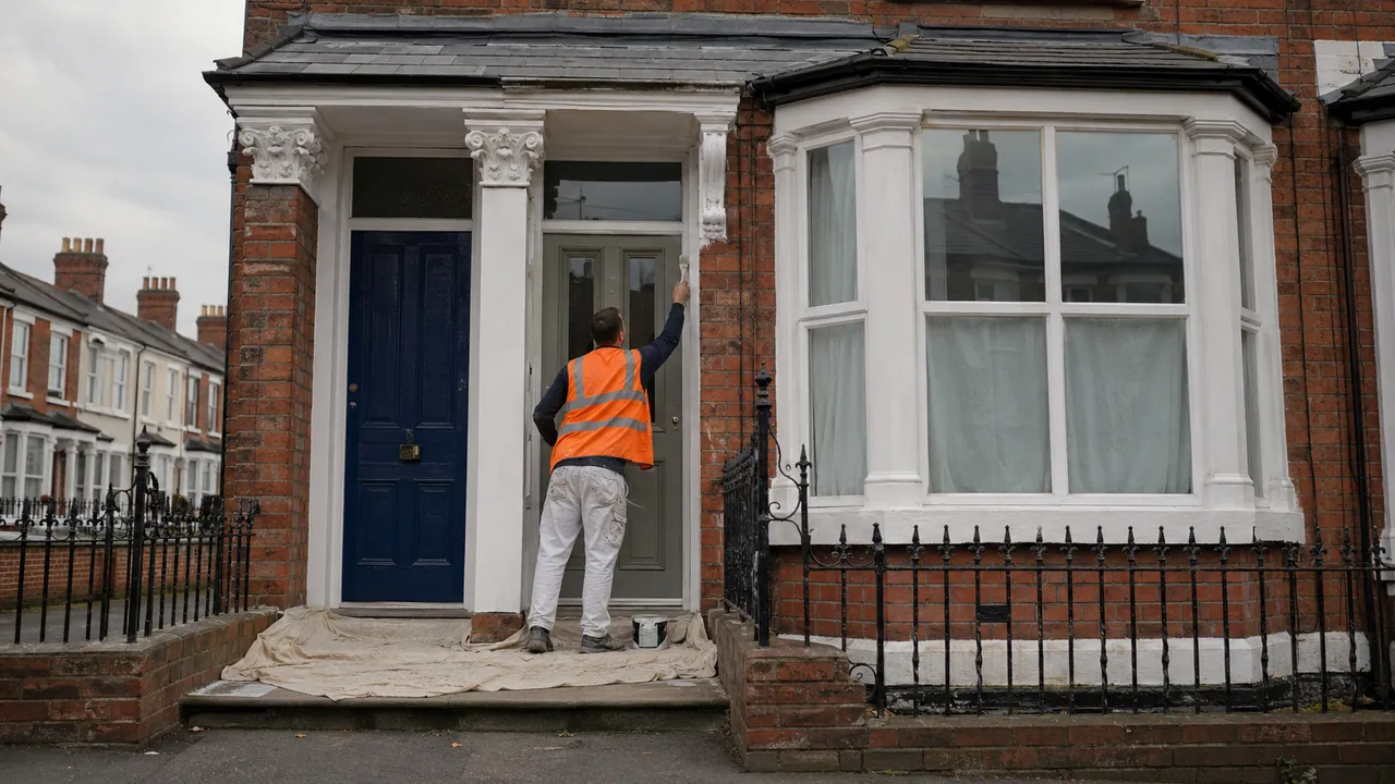 Exterior painting in progress on a Victorian brick terraced house with a slate roof on a Birkenhead street, iron railings and a small front yard