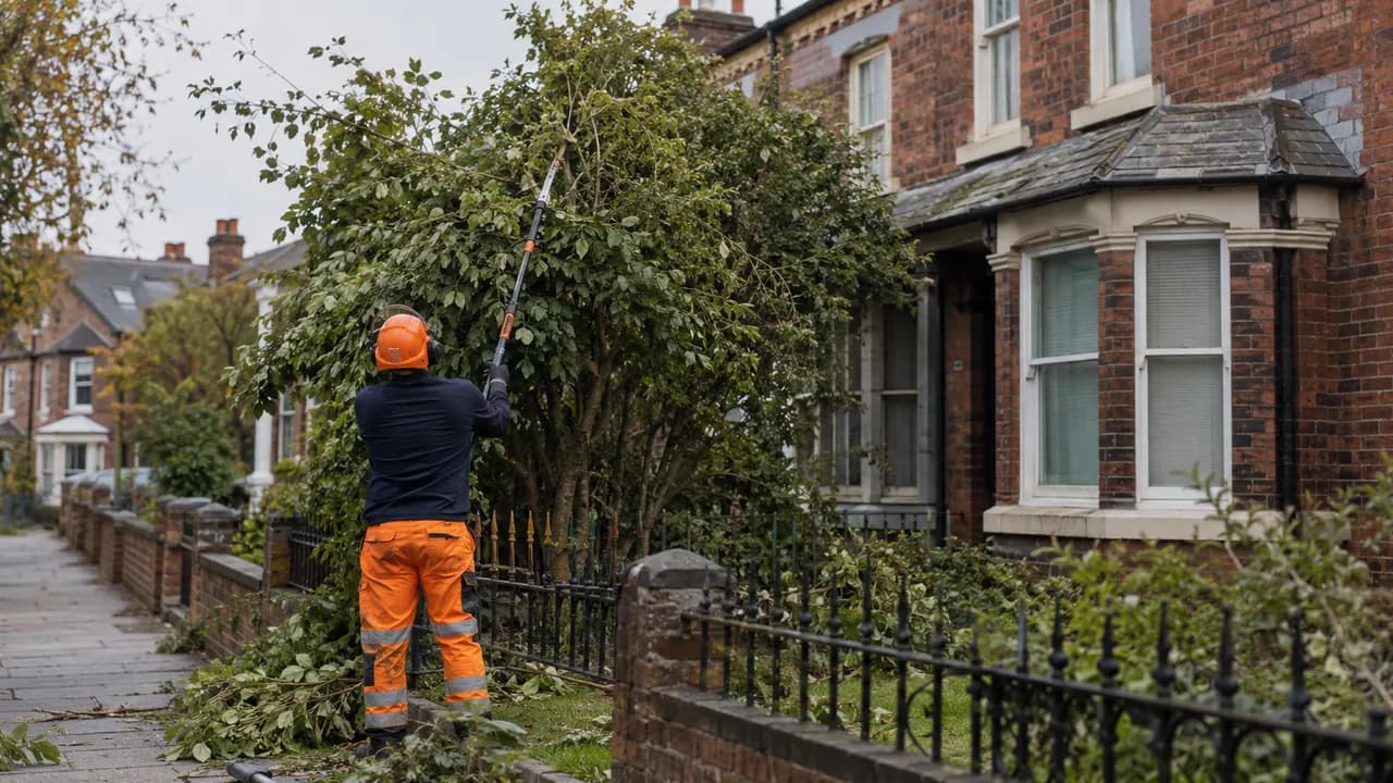 Tree reduction in progress on a Victorian brick terraced house with a slate roof on a Birkenhead street, iron railings and a small front yard
