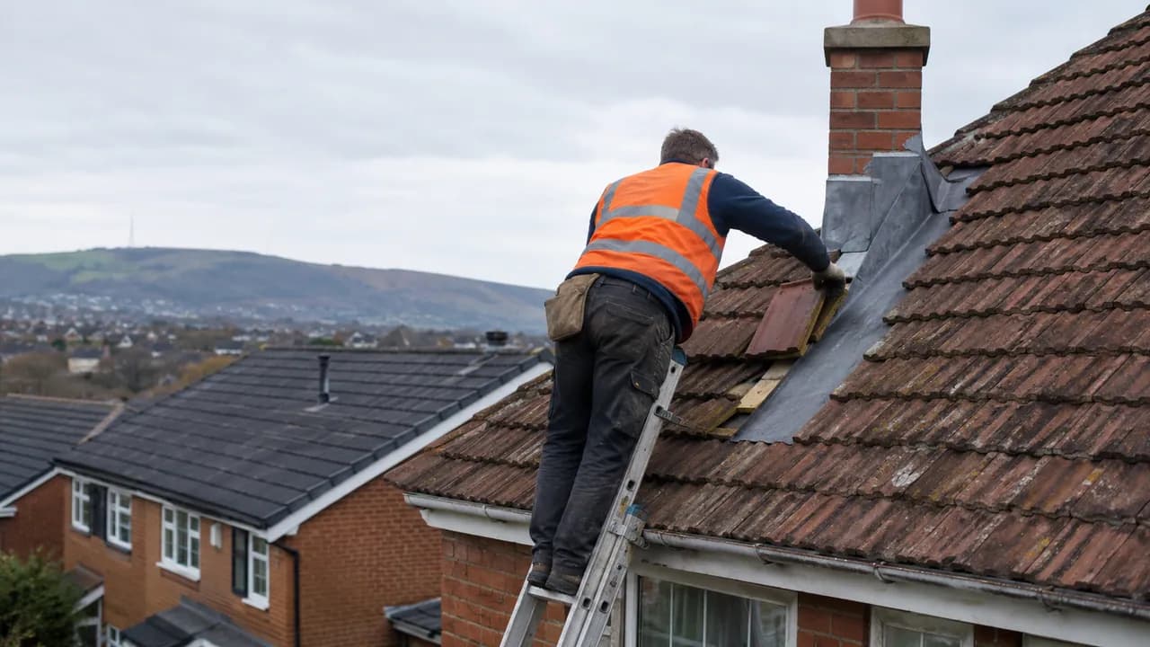 Roof repair in progress on a 1970s brick semi on a hillside estate in Flintshire, North Wales, grey slate roofs and a breezy sky