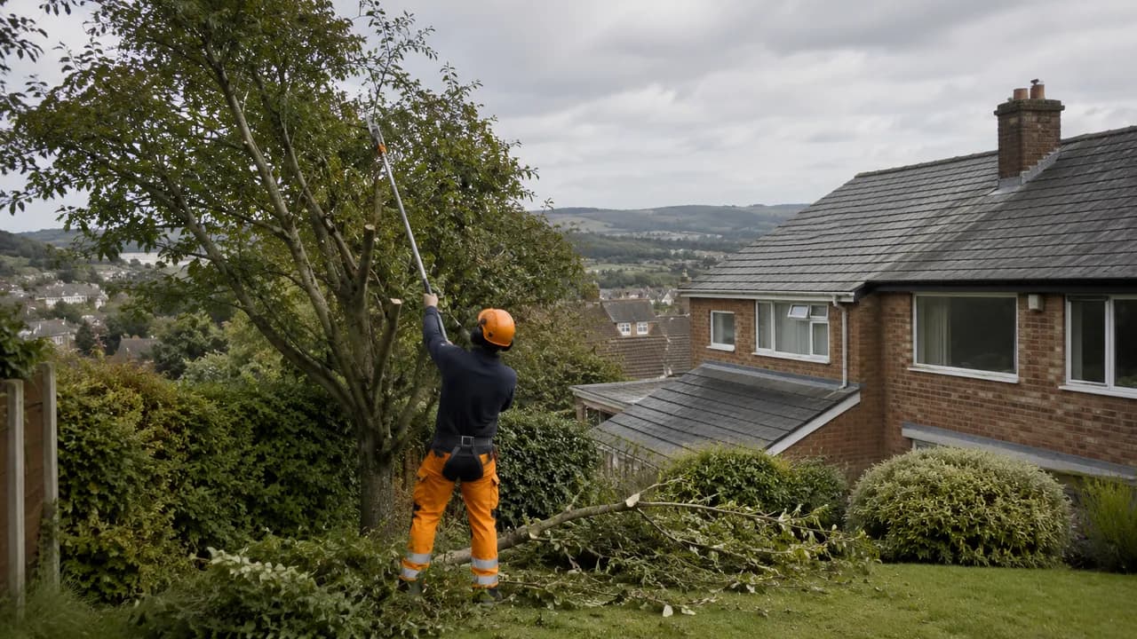 Tree reduction in progress on a 1970s brick semi on a hillside estate in Flintshire, North Wales, grey slate roofs and a breezy sky