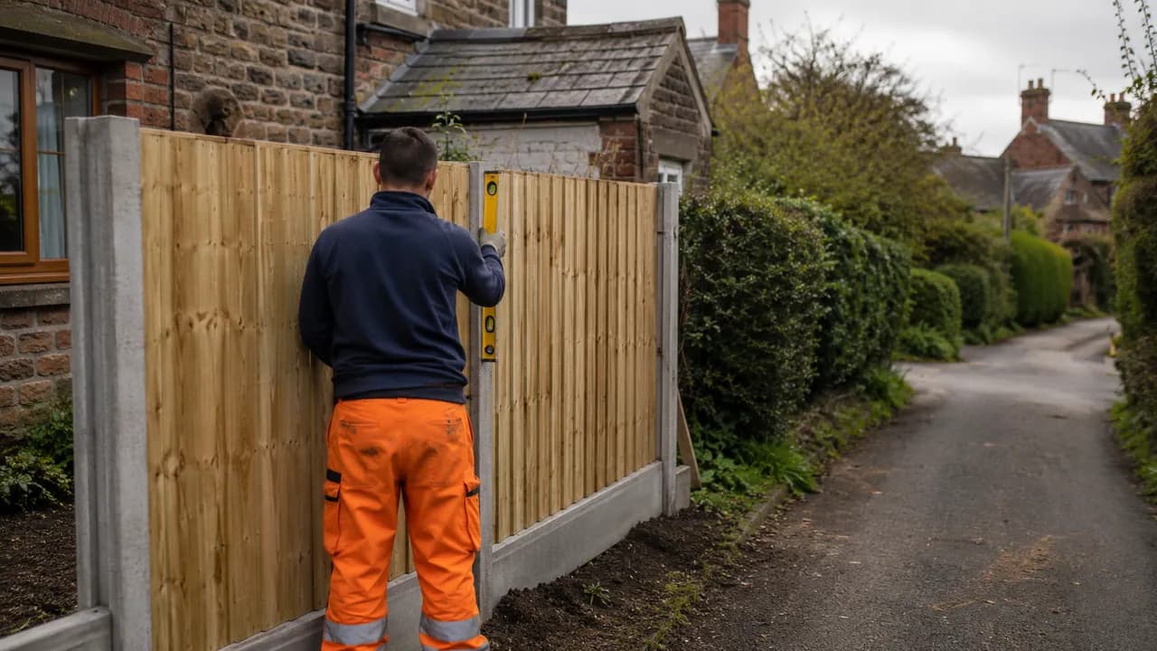 Fence panel replacement in progress on a sandstone-and-brick cottage with a slate roof in a Cheshire village beside a hedge-lined lane