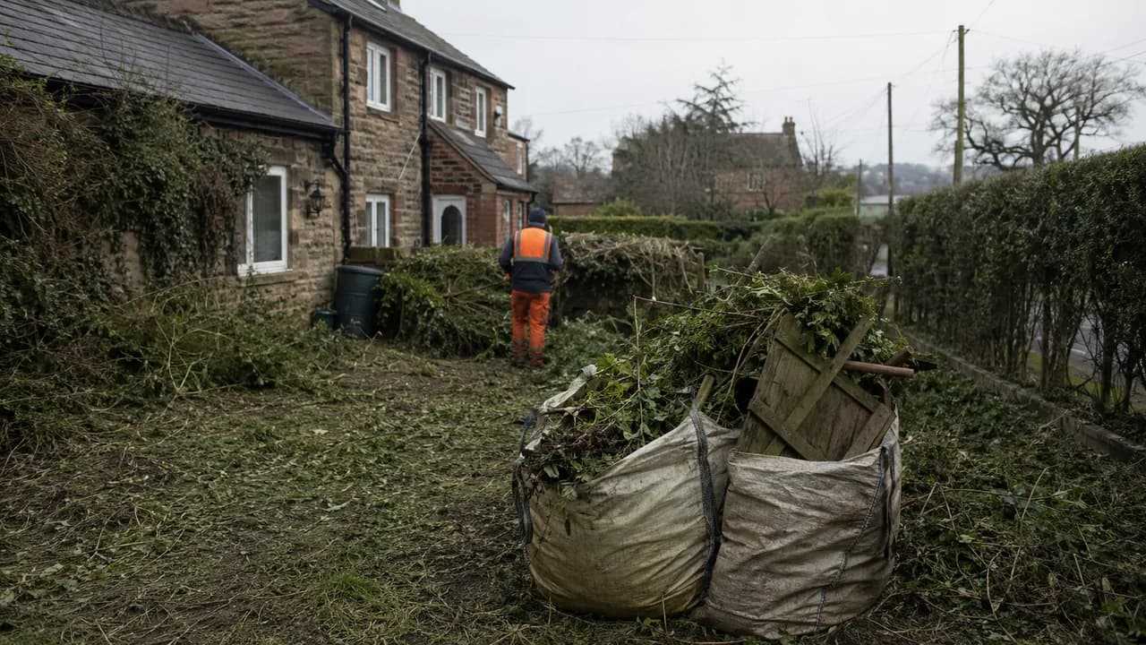 Garden clearance in progress on a sandstone-and-brick cottage with a slate roof in a Cheshire village beside a hedge-lined lane