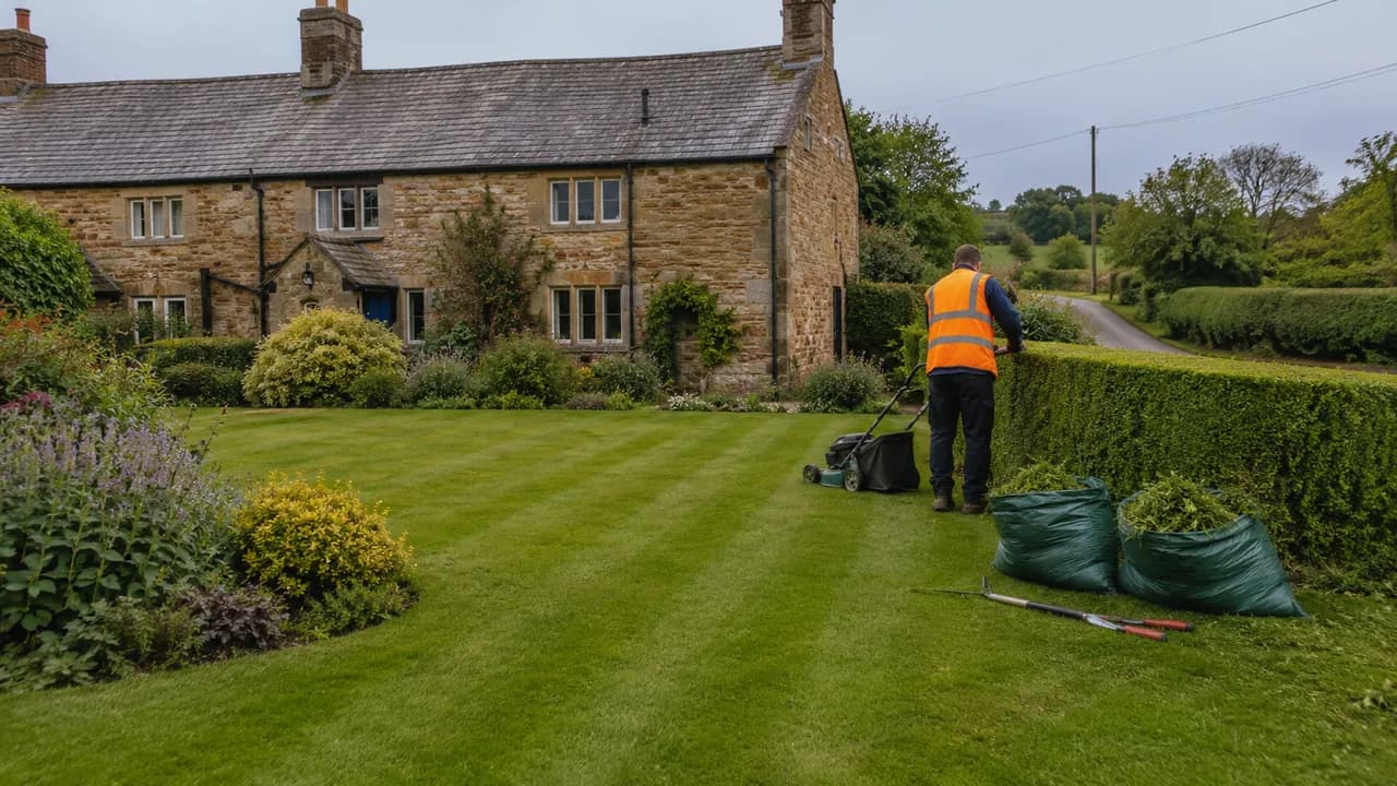Garden maintenance in progress on a sandstone-and-brick cottage with a slate roof in a Cheshire village beside a hedge-lined lane