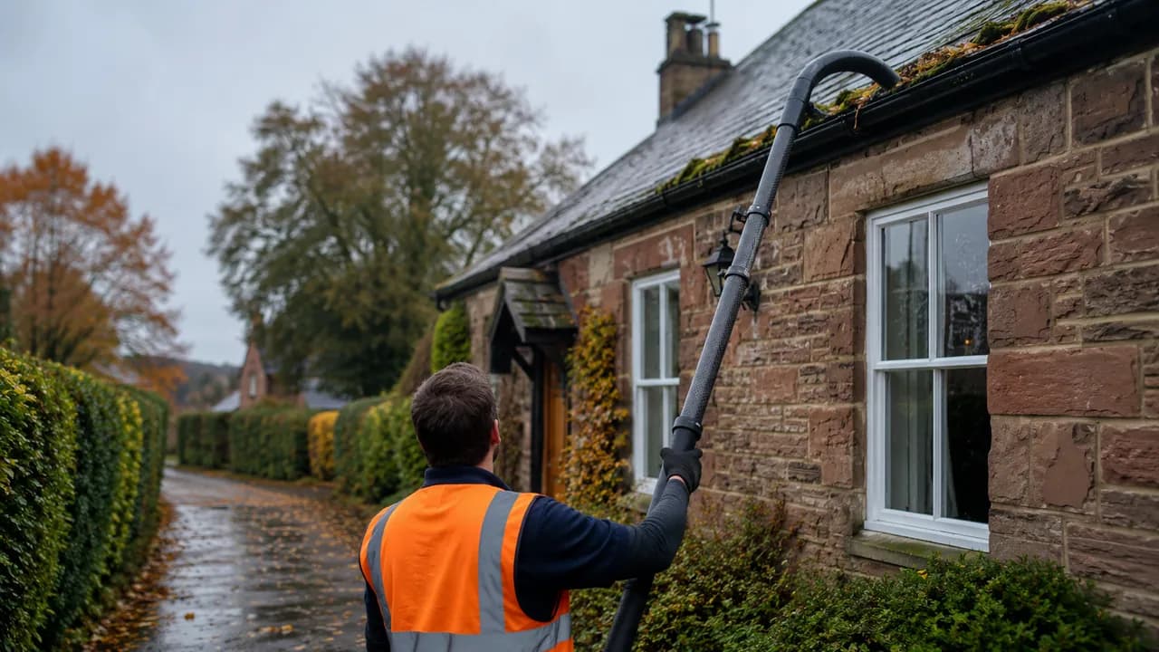Gutter clearing in progress on a sandstone-and-brick cottage with a slate roof in a Cheshire village beside a hedge-lined lane