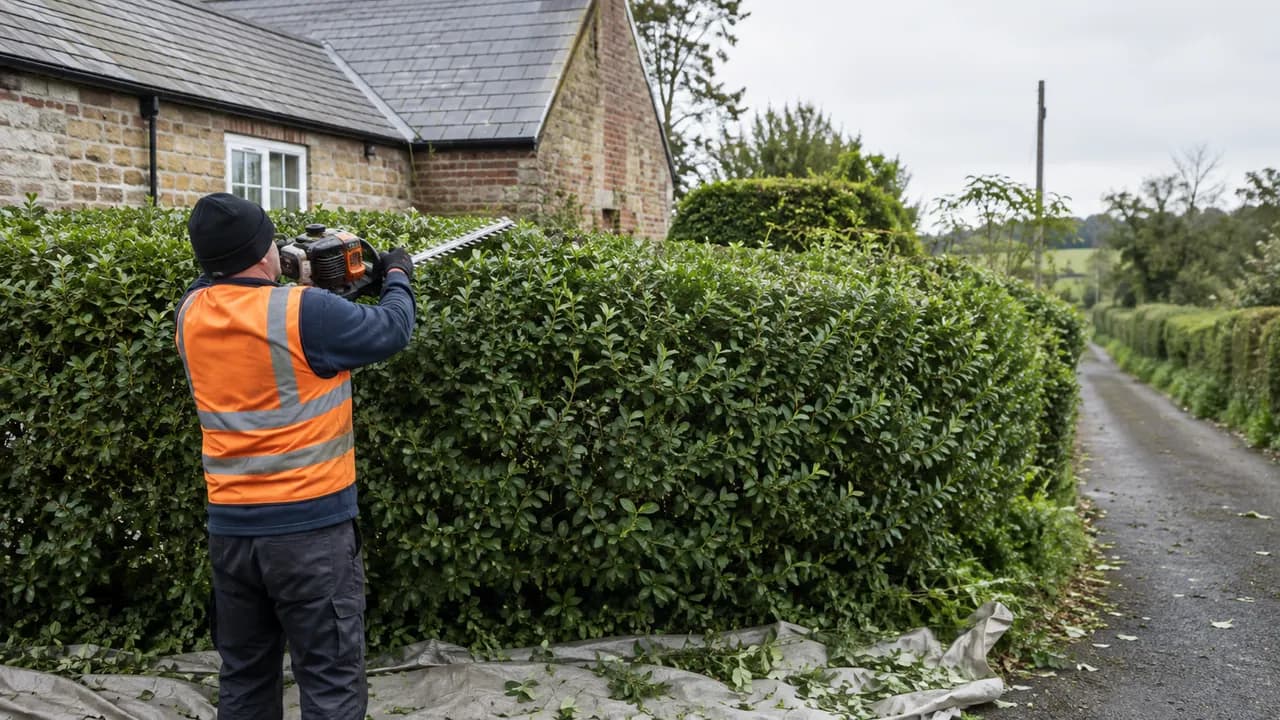 Hedge trimming in progress on a sandstone-and-brick cottage with a slate roof in a Cheshire village beside a hedge-lined lane