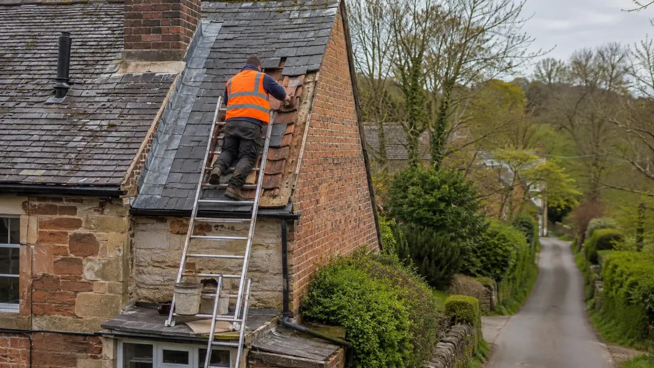 Roof repair in progress on a sandstone-and-brick cottage with a slate roof in a Cheshire village beside a hedge-lined lane