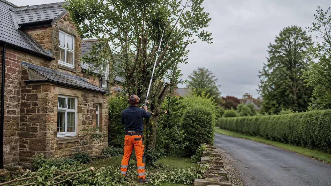 Tree reduction in progress on a sandstone-and-brick cottage with a slate roof in a Cheshire village beside a hedge-lined lane