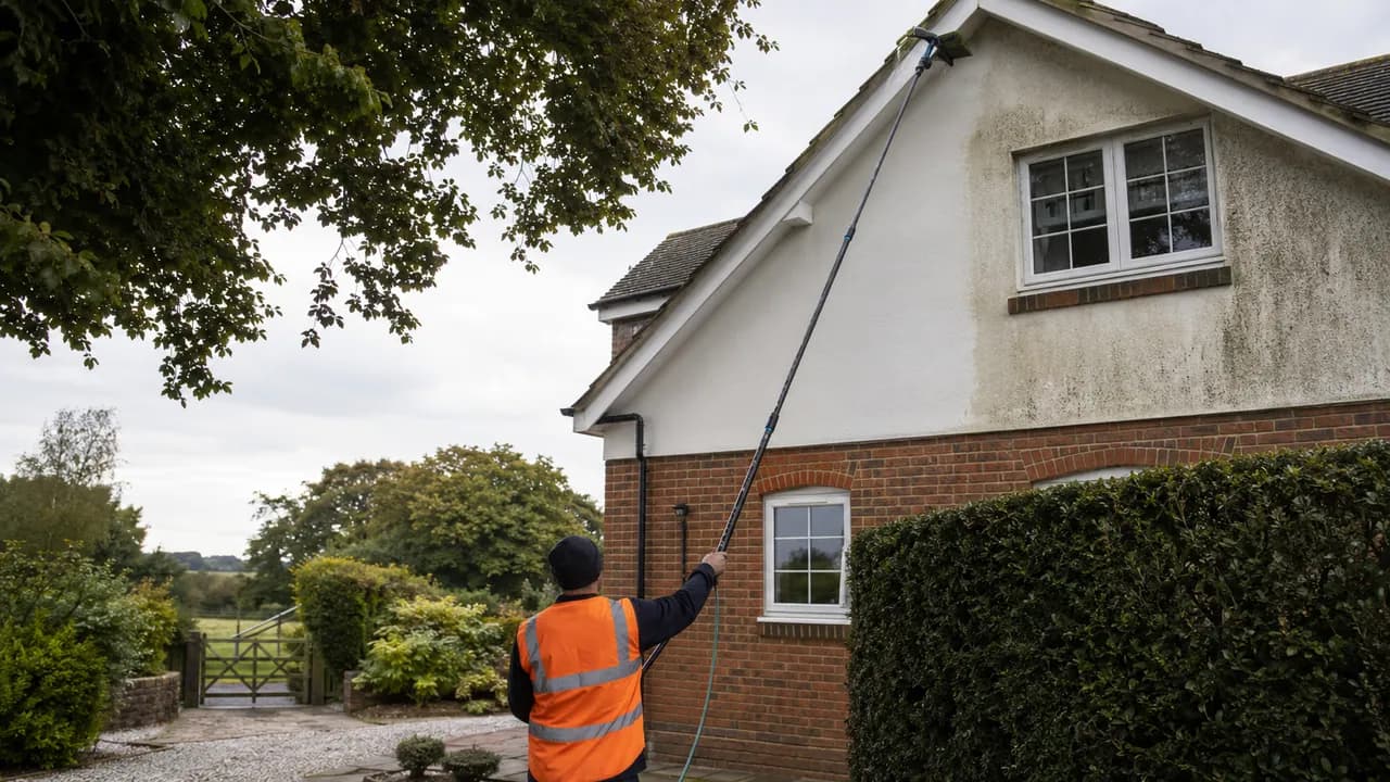 Exterior softwash cleaning in progress on a large detached brick farmhouse-style home in the Cheshire countryside with mature trees