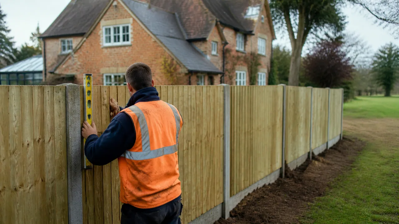 Fence panel replacement in progress on a large detached brick farmhouse-style home in the Cheshire countryside with mature trees