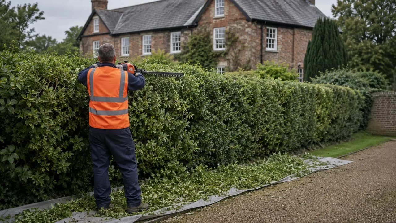 Hedge trimming in progress on a large detached brick farmhouse-style home in the Cheshire countryside with mature trees