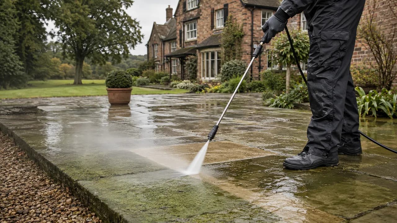 Pressure washing in progress on a large detached brick farmhouse-style home in the Cheshire countryside with mature trees