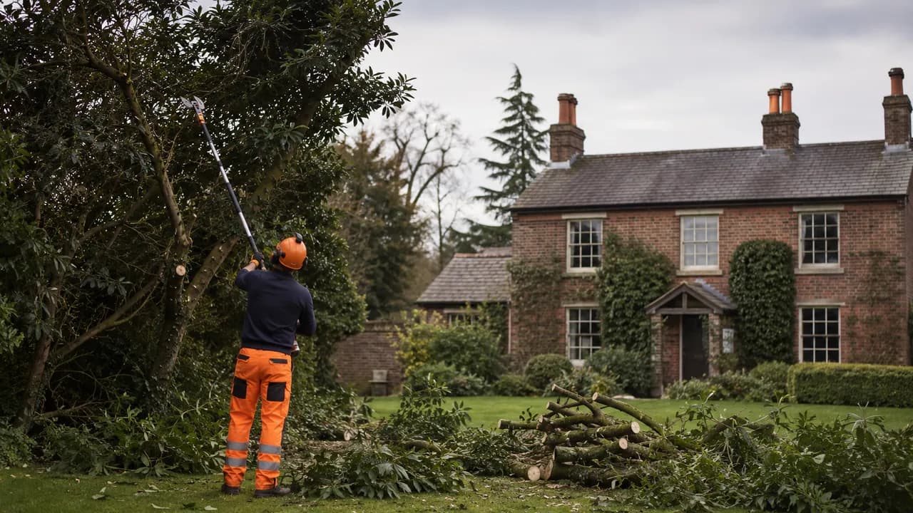 Tree reduction in progress on a large detached brick farmhouse-style home in the Cheshire countryside with mature trees