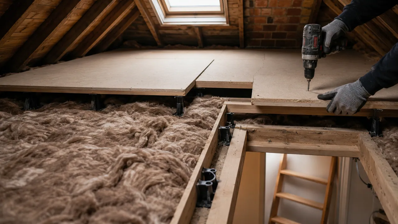Loft boarding in progress on a Victorian railway-era brick terrace in Crewe with a slate roof, seen from the pavement