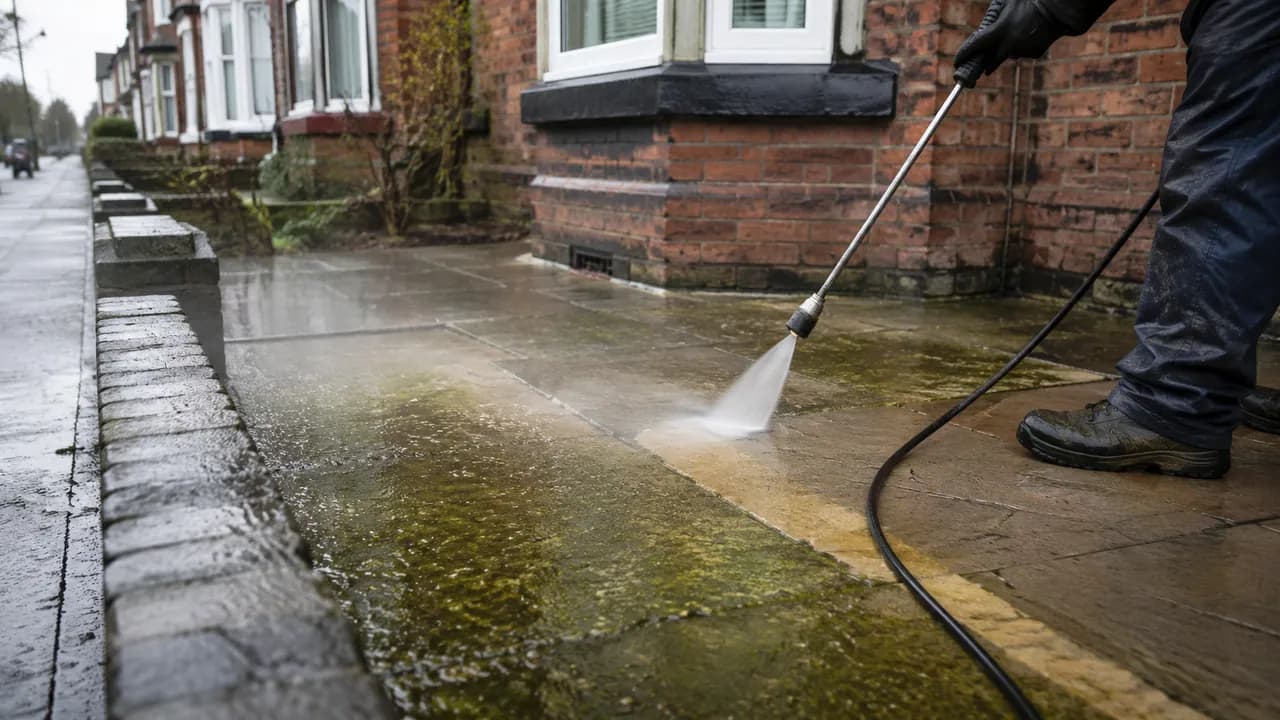 Pressure washing in progress on a Victorian railway-era brick terrace in Crewe with a slate roof, seen from the pavement