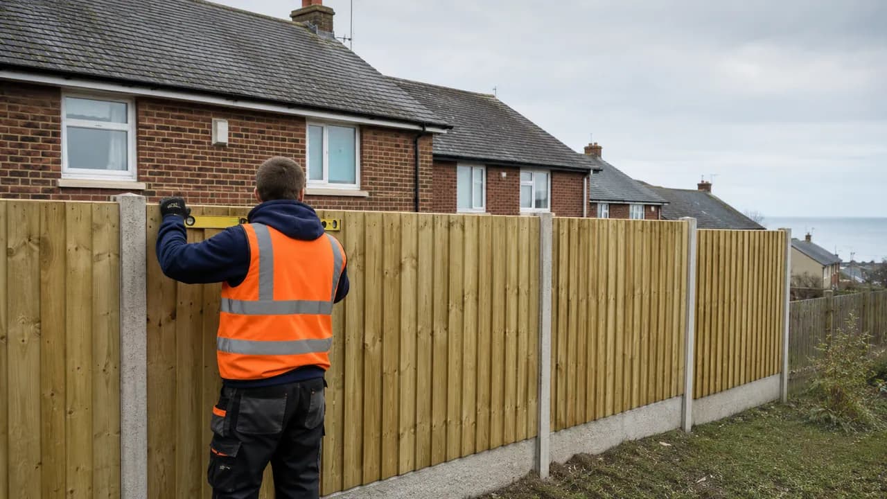 Fence panel replacement in progress on a 1960s brick semi in a coastal Deeside estate with a grey slate roof and open, exposed sky