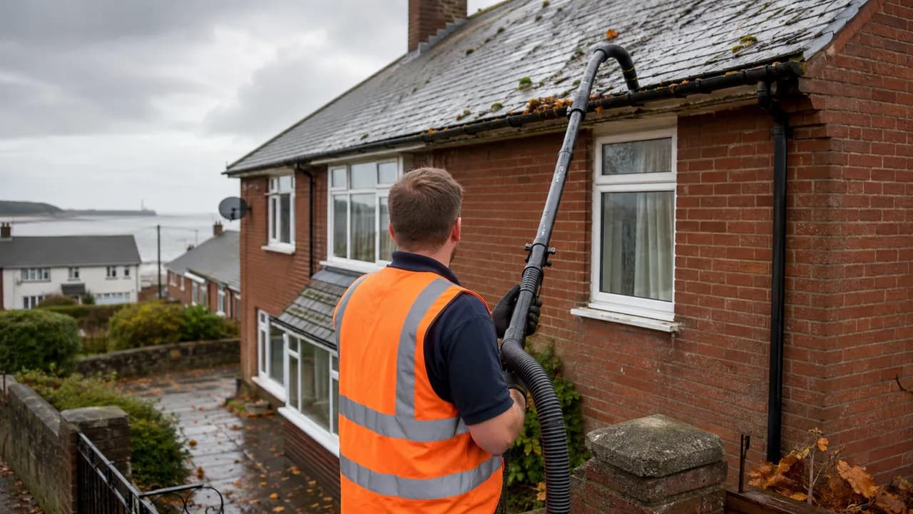 Gutter clearing in progress on a 1960s brick semi in a coastal Deeside estate with a grey slate roof and open, exposed sky