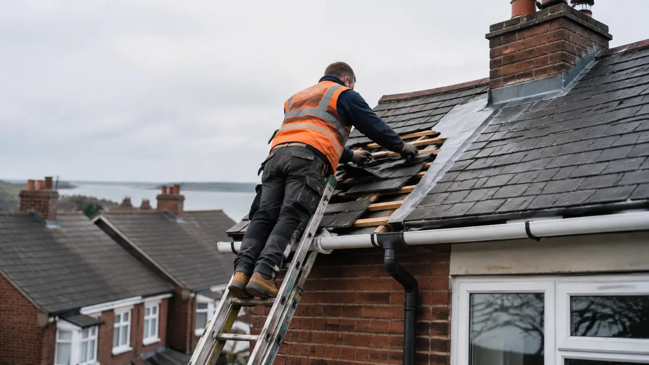 Roof repair in progress on a 1960s brick semi in a coastal Deeside estate with a grey slate roof and open, exposed sky