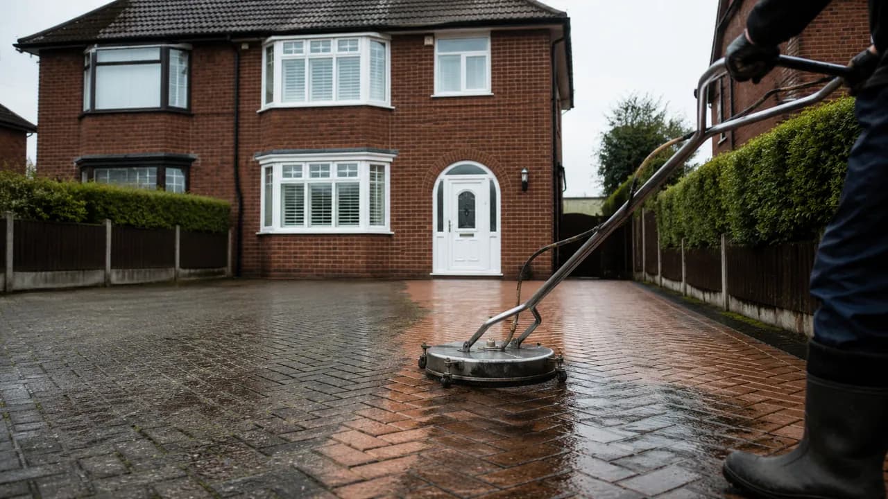Driveway cleaning in progress on a 1950s brick semi-detached house on a flat, open Ellesmere Port estate with a tiled roof
