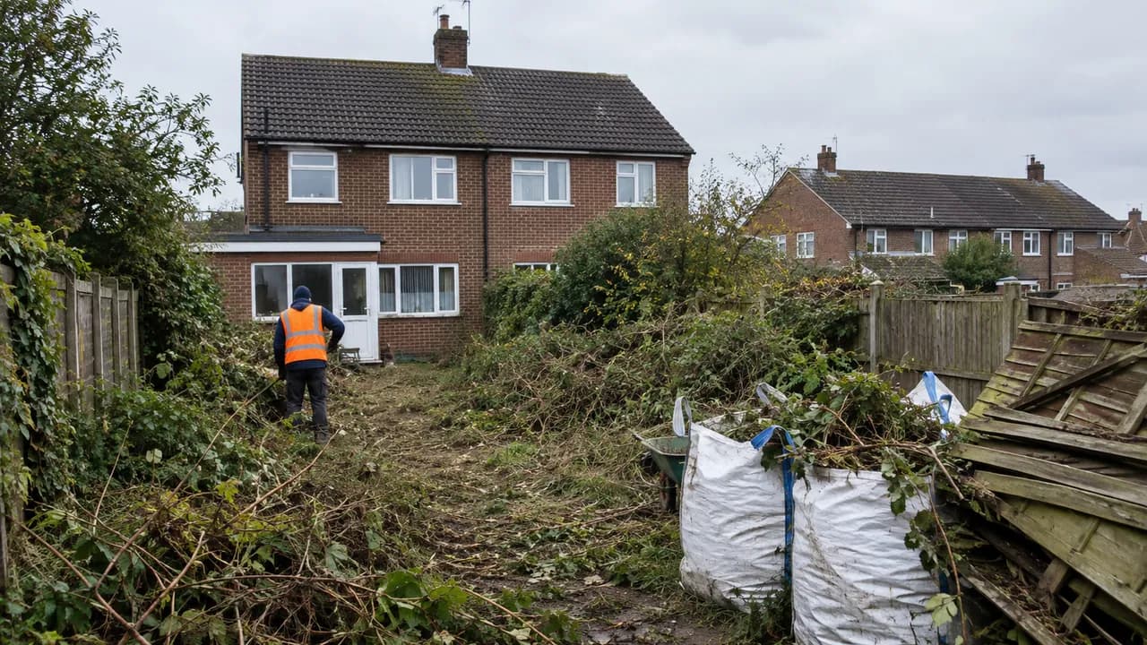 Garden clearance in progress on a 1950s brick semi-detached house on a flat, open Ellesmere Port estate with a tiled roof