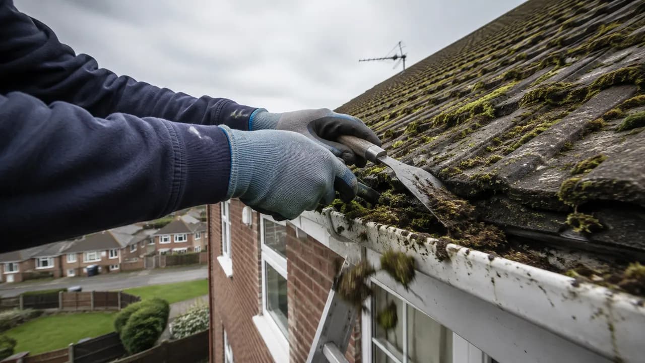 Roof moss removal in progress on a 1950s brick semi-detached house on a flat, open Ellesmere Port estate with a tiled roof