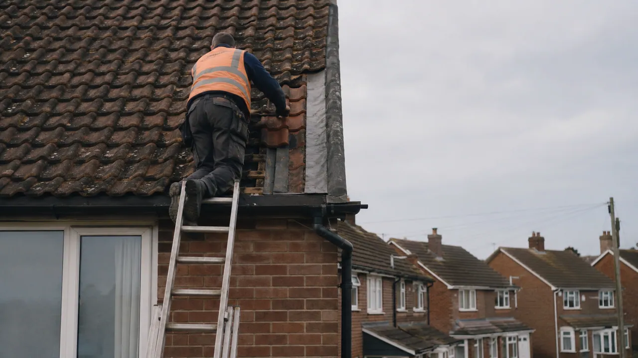 Roof repair in progress on a 1950s brick semi-detached house on a flat, open Ellesmere Port estate with a tiled roof