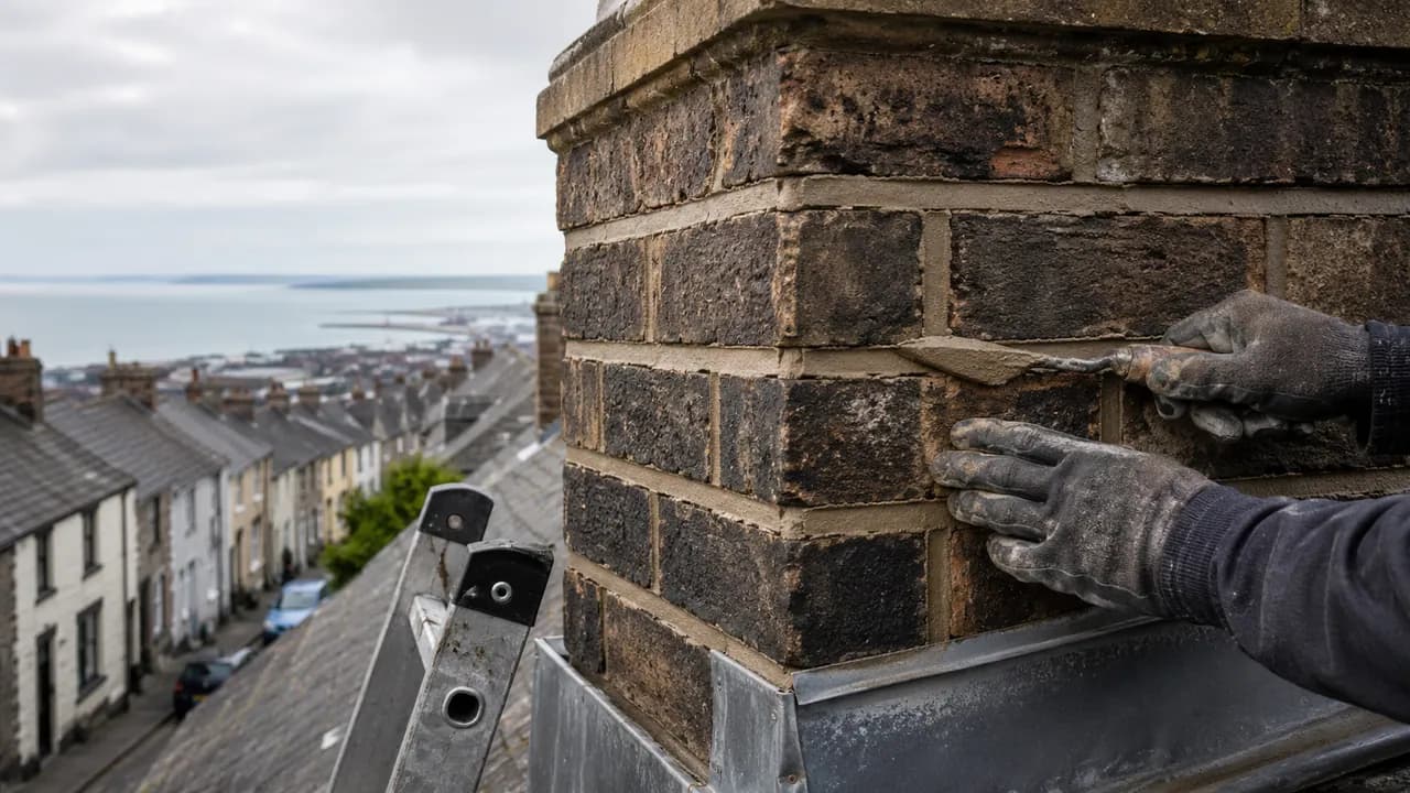 Chimney repointing in progress on a stone-and-render terrace with a slate roof on a sloping street in Flint, North Wales, coastal sky