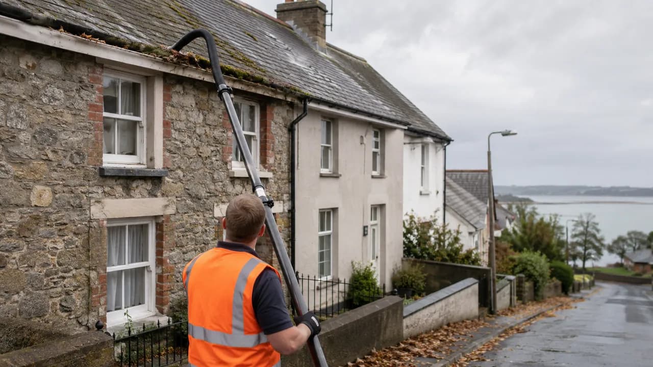 Gutter clearing in progress on a stone-and-render terrace with a slate roof on a sloping street in Flint, North Wales, coastal sky