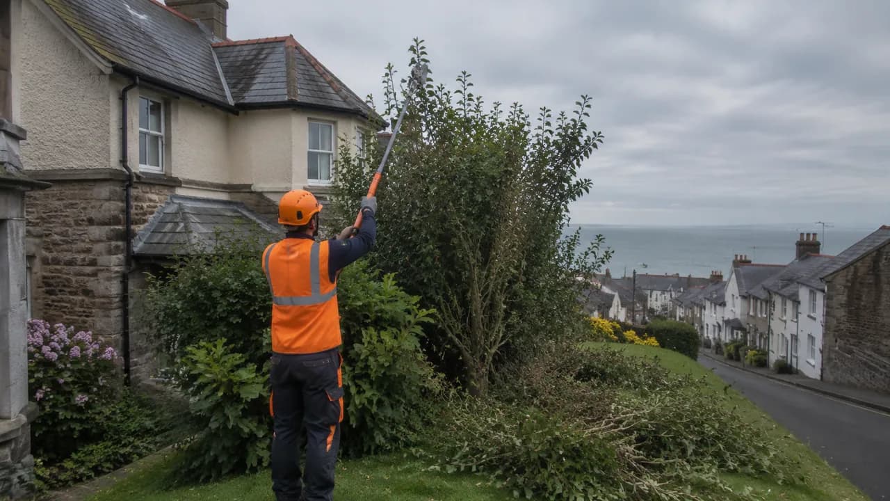 Tree reduction in progress on a stone-and-render terrace with a slate roof on a sloping street in Flint, North Wales, coastal sky
