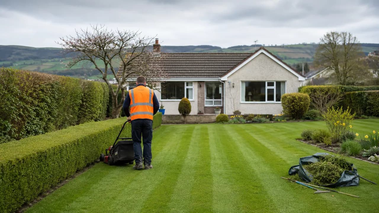 Garden maintenance in progress on a rendered 1970s bungalow on a rural Flintshire lane in North Wales, hills in the distance