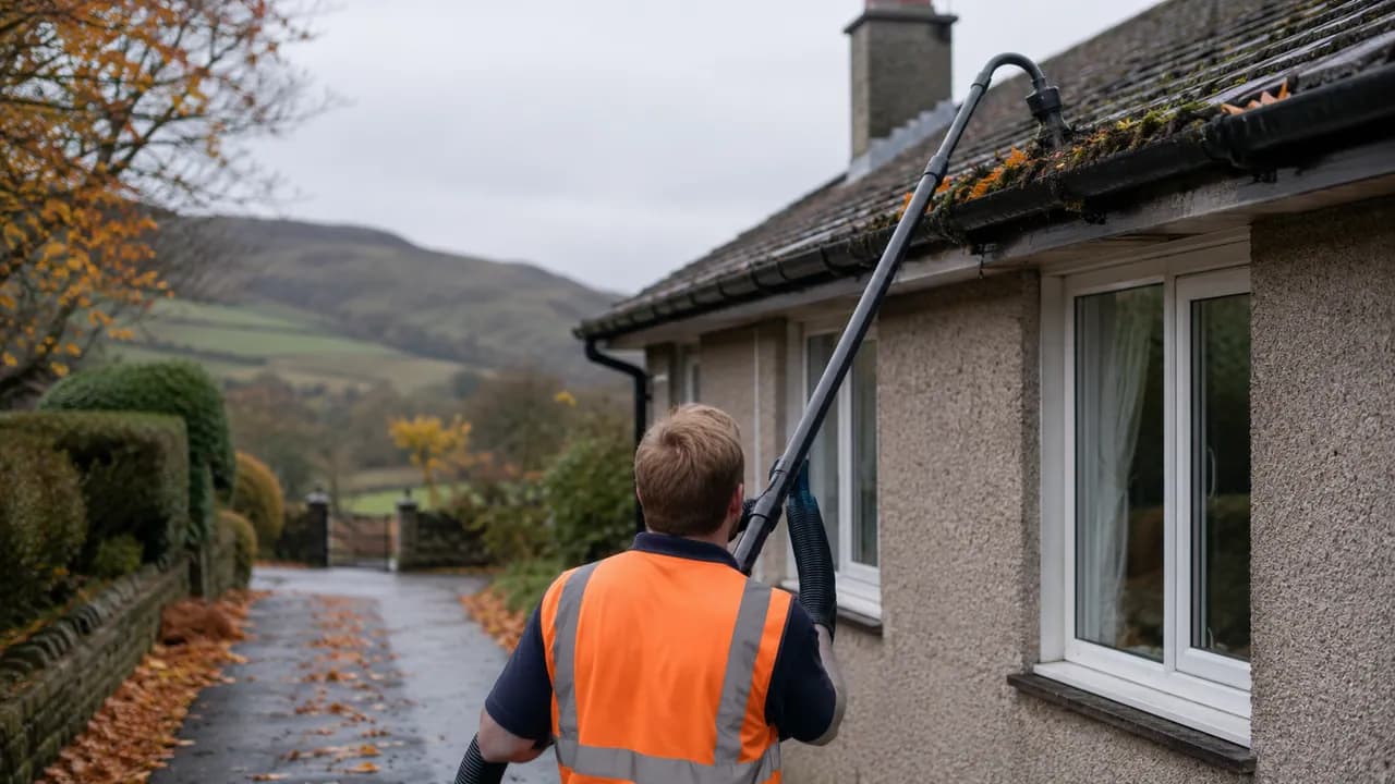 Gutter clearing in progress on a rendered 1970s bungalow on a rural Flintshire lane in North Wales, hills in the distance
