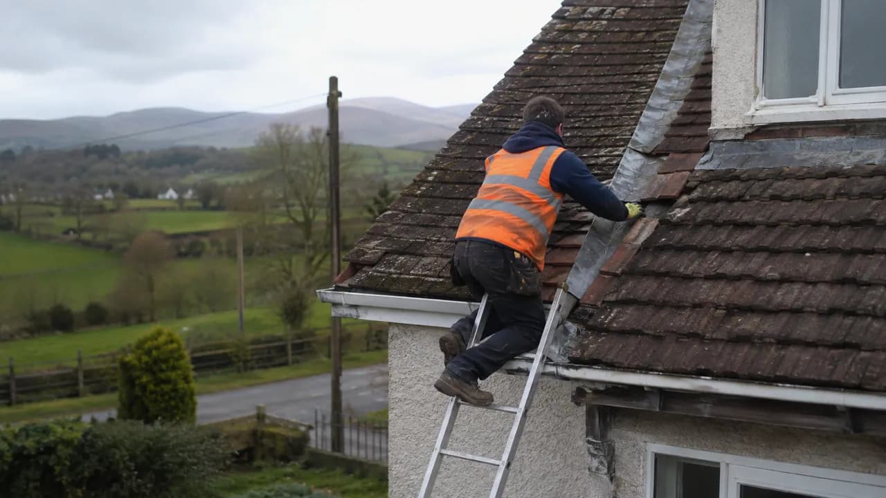 Roof repair in progress on a rendered 1970s bungalow on a rural Flintshire lane in North Wales, hills in the distance