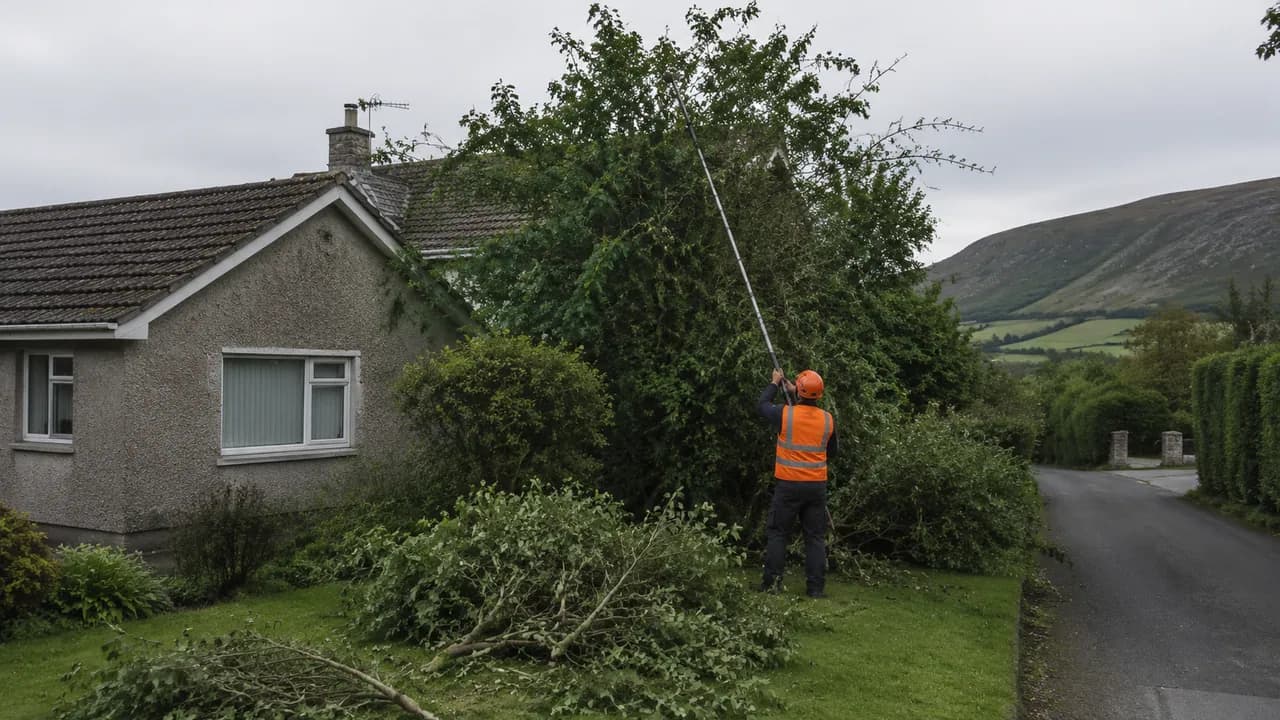 Tree reduction in progress on a rendered 1970s bungalow on a rural Flintshire lane in North Wales, hills in the distance