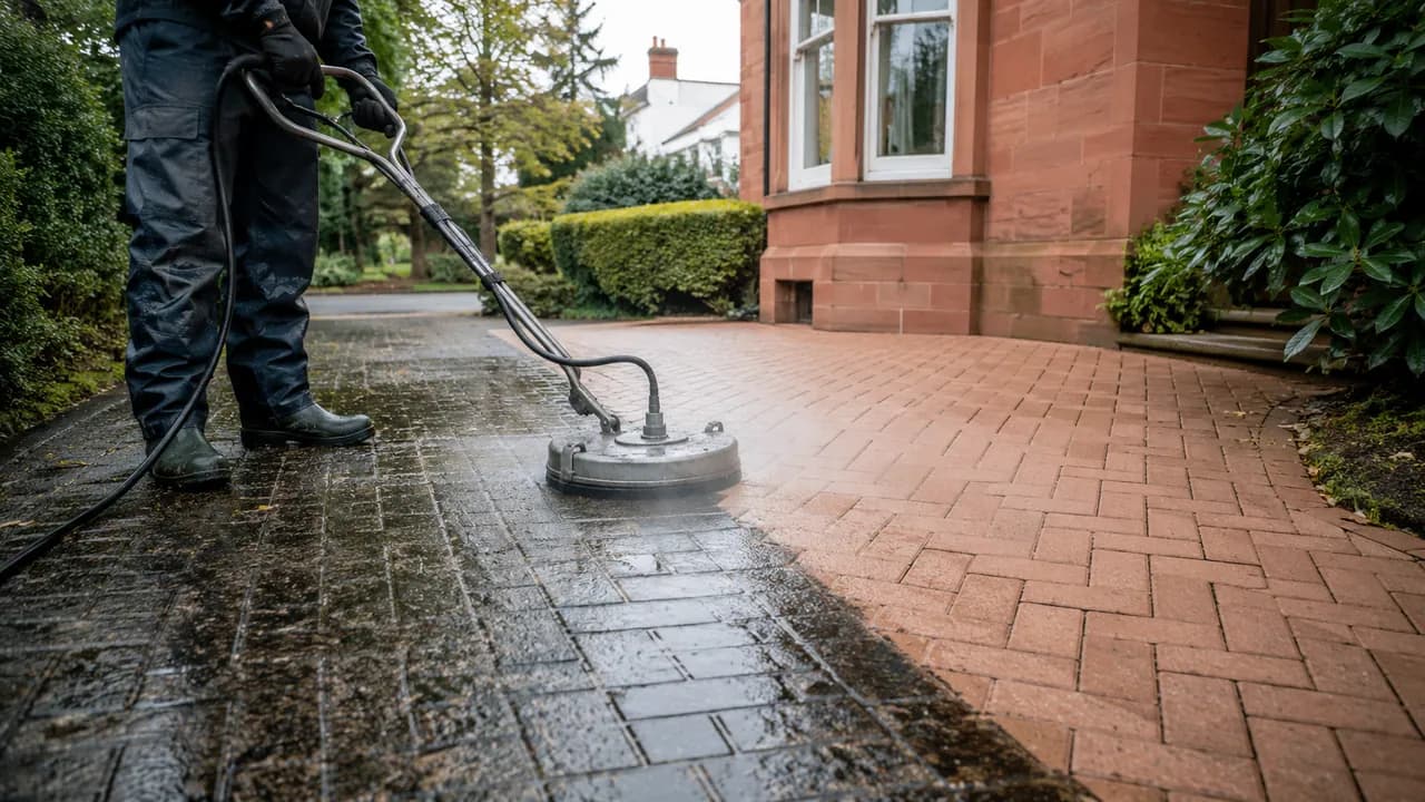 Driveway cleaning in progress on a Georgian-fronted red sandstone house on a leafy street below Frodsham Hill, Cheshire