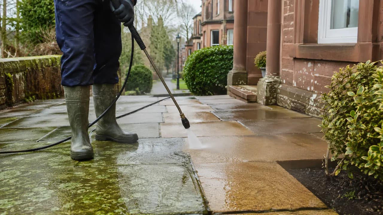 Pressure washing in progress on a Georgian-fronted red sandstone house on a leafy street below Frodsham Hill, Cheshire