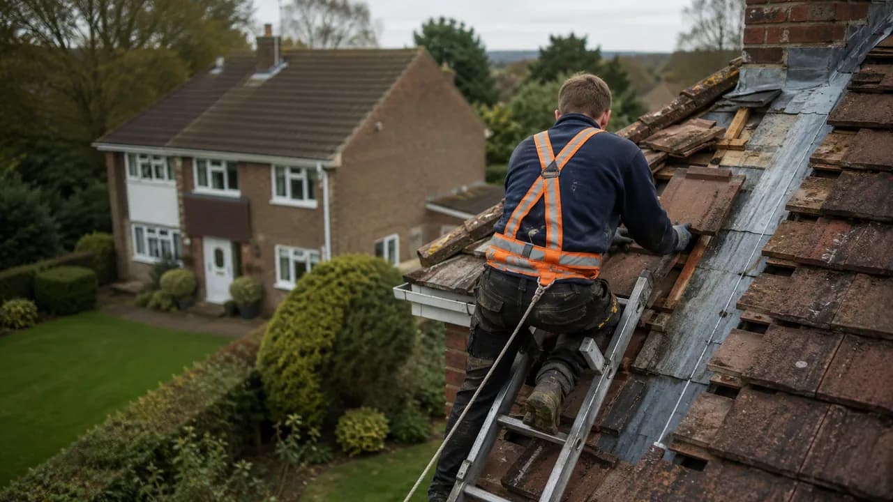 Roof repair in progress on a 1960s detached brick house with a large front garden in leafy Hartford, Cheshire