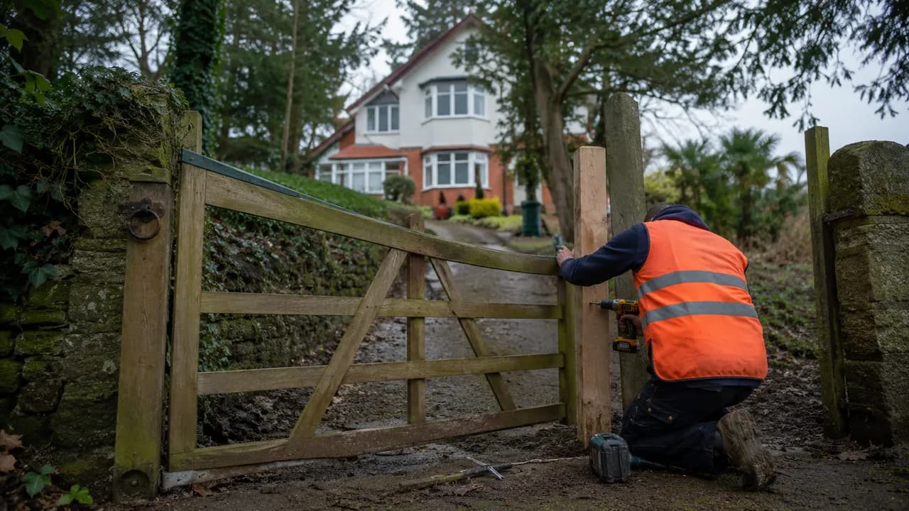 Handyman repair in progress on a large 1930s detached house on a sloping wooded plot in Heswall, Wirral, mature trees around