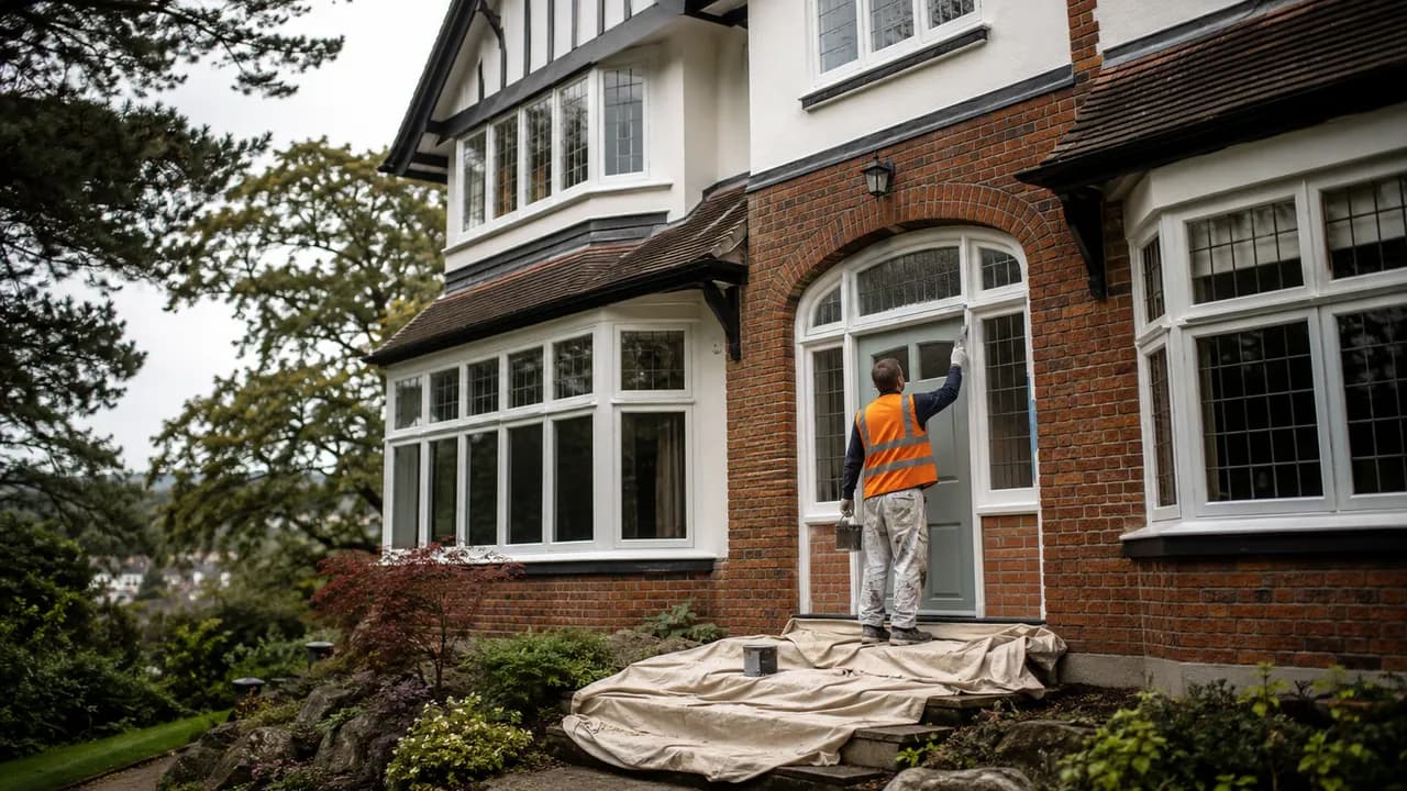 Exterior painting in progress on a large 1930s detached house on a sloping wooded plot in Heswall, Wirral, mature trees around