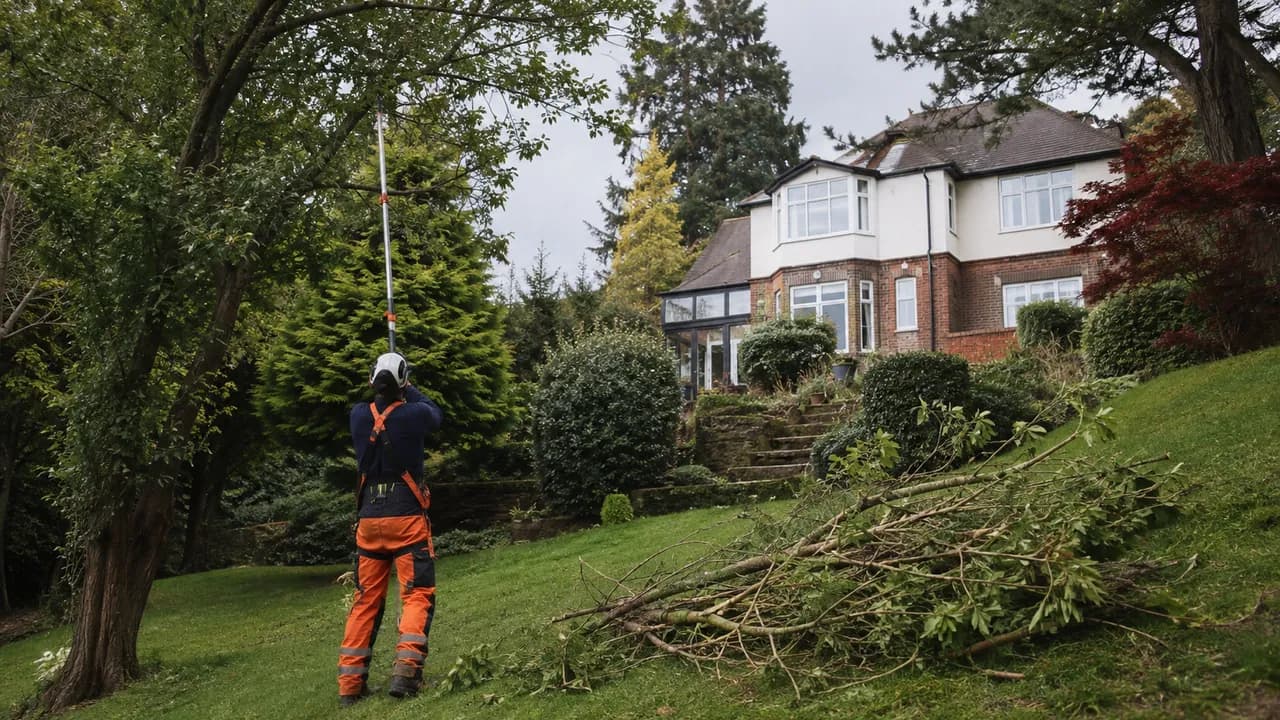Tree reduction in progress on a large 1930s detached house on a sloping wooded plot in Heswall, Wirral, mature trees around