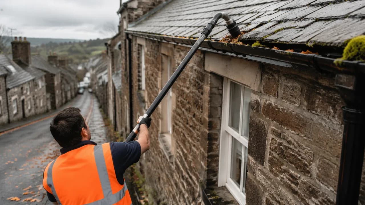 Gutter clearing in progress on a stone terraced house with a slate roof on a steep street in Holywell, North Wales