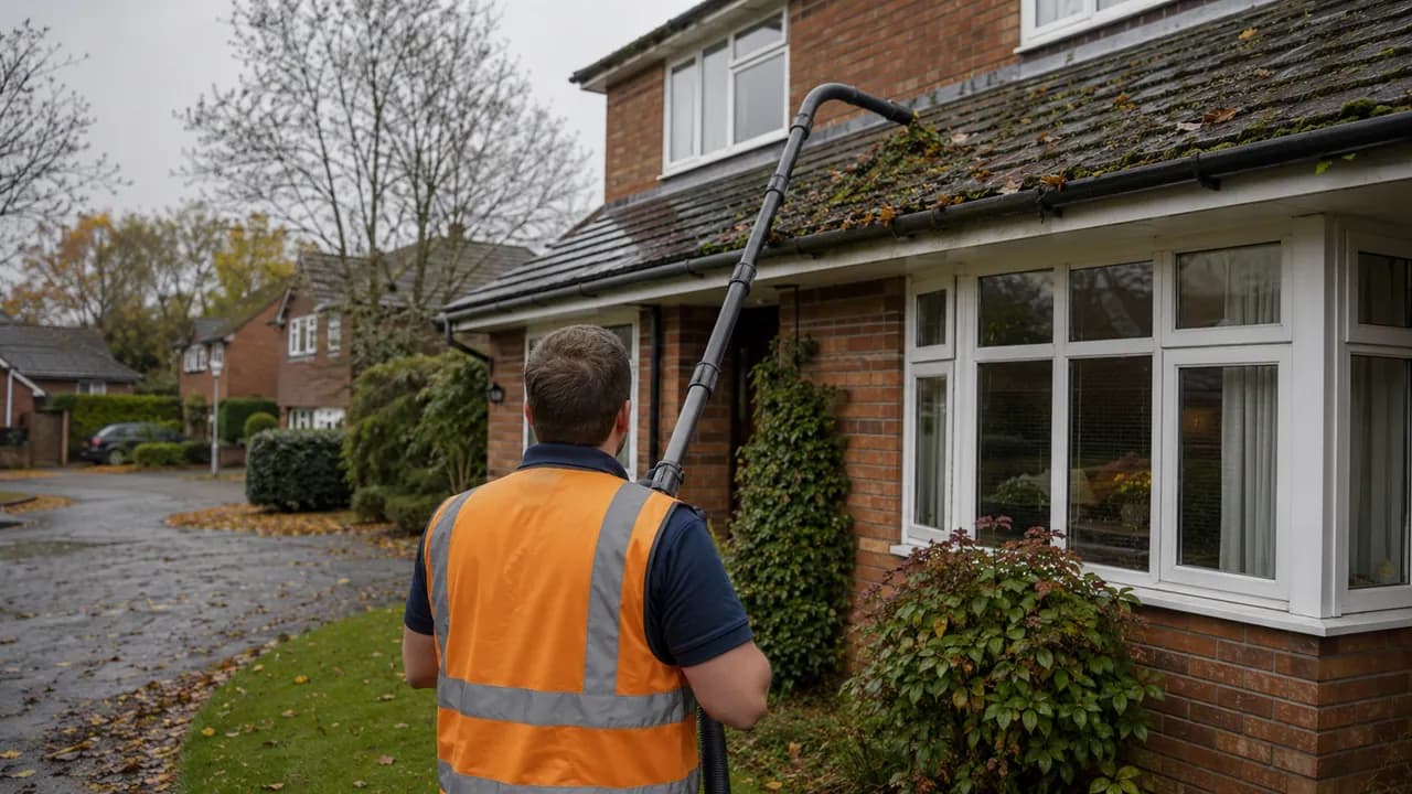 Gutter clearing in progress on a 1980s brick detached house on a cul-de-sac in Huntington, Chester, tidy front lawn