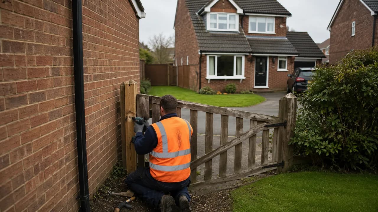 Handyman repair in progress on a 1980s brick detached house on a cul-de-sac in Huntington, Chester, tidy front lawn