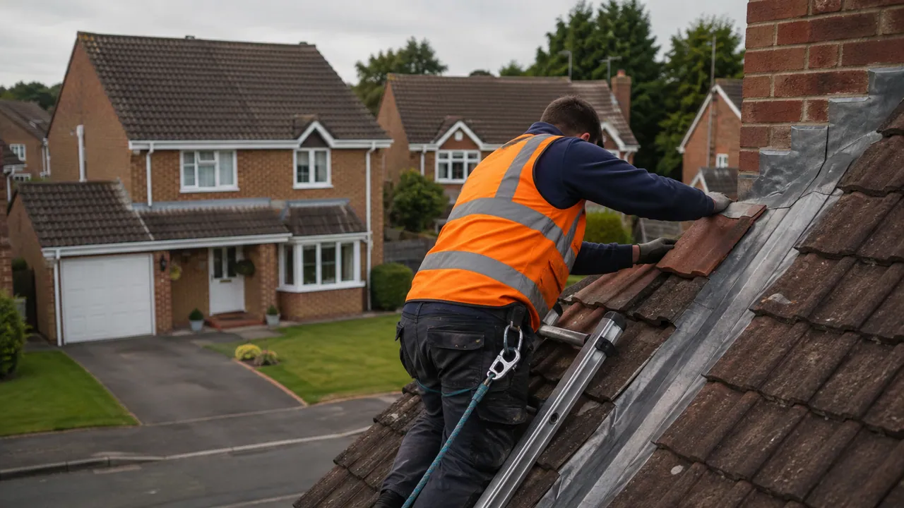 Roof repair in progress on a 1980s brick detached house on a cul-de-sac in Huntington, Chester, tidy front lawn