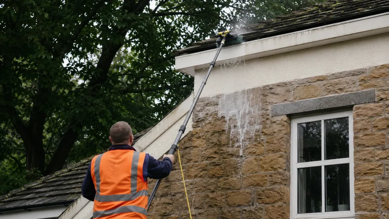 Exterior softwash cleaning in progress on a sandstone cottage under heavy tree cover in Lymm village, Cheshire, damp and leafy