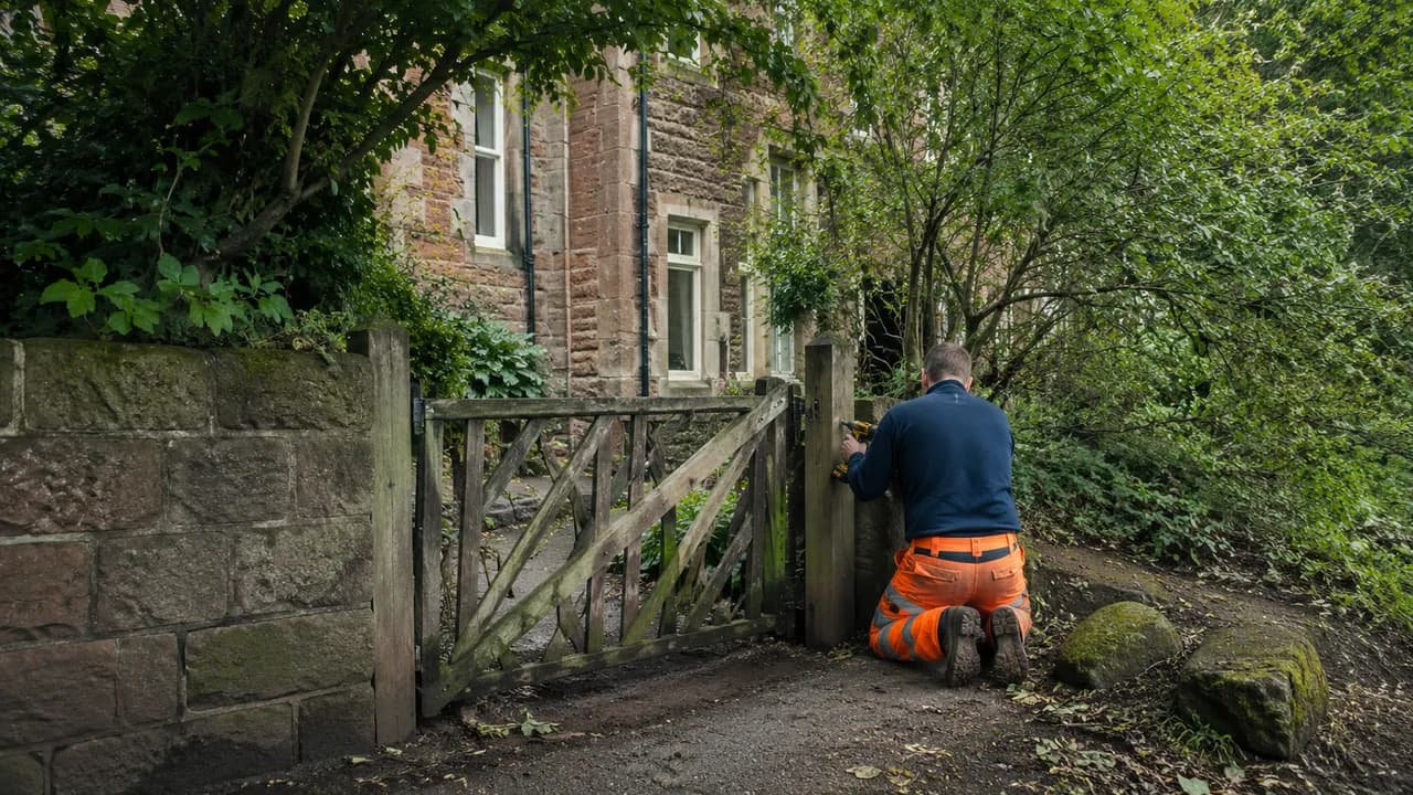 Handyman repair in progress on a sandstone cottage under heavy tree cover in Lymm village, Cheshire, damp and leafy