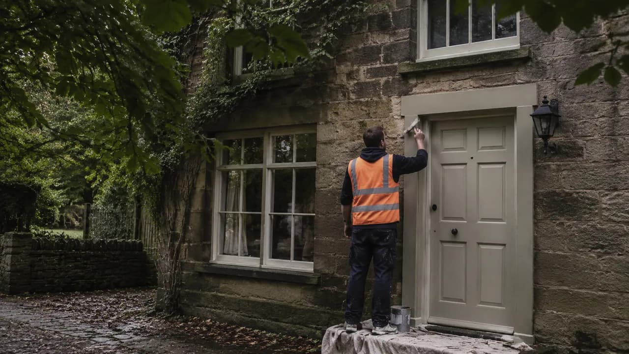 Exterior painting in progress on a sandstone cottage under heavy tree cover in Lymm village, Cheshire, damp and leafy