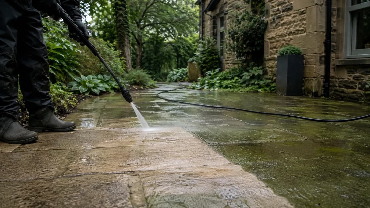 Pressure washing in progress on a sandstone cottage under heavy tree cover in Lymm village, Cheshire, damp and leafy