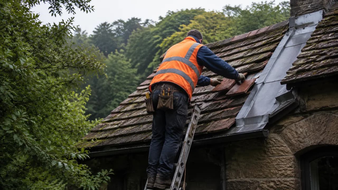 Roof repair in progress on a sandstone cottage under heavy tree cover in Lymm village, Cheshire, damp and leafy