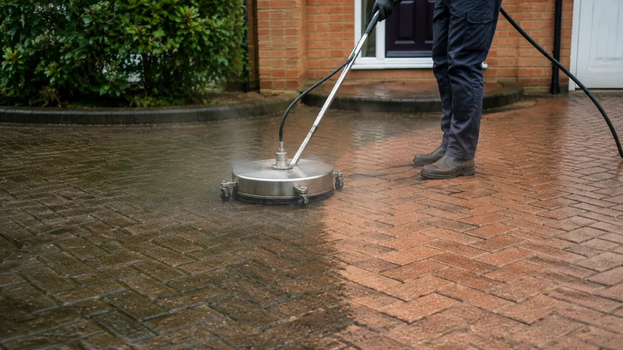 Driveway cleaning in progress on a 1990s brick semi on a modern estate in Middlewich, Cheshire, block-paved driveway
