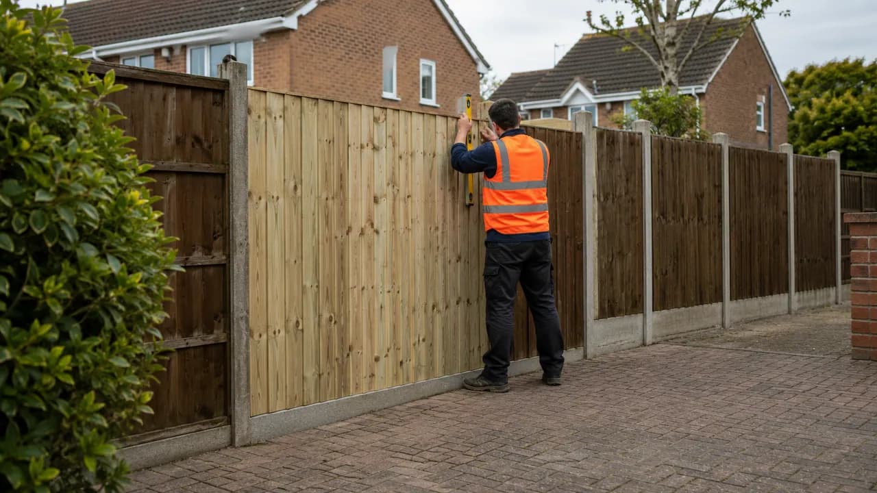 Fence panel replacement in progress on a 1990s brick semi on a modern estate in Middlewich, Cheshire, block-paved driveway